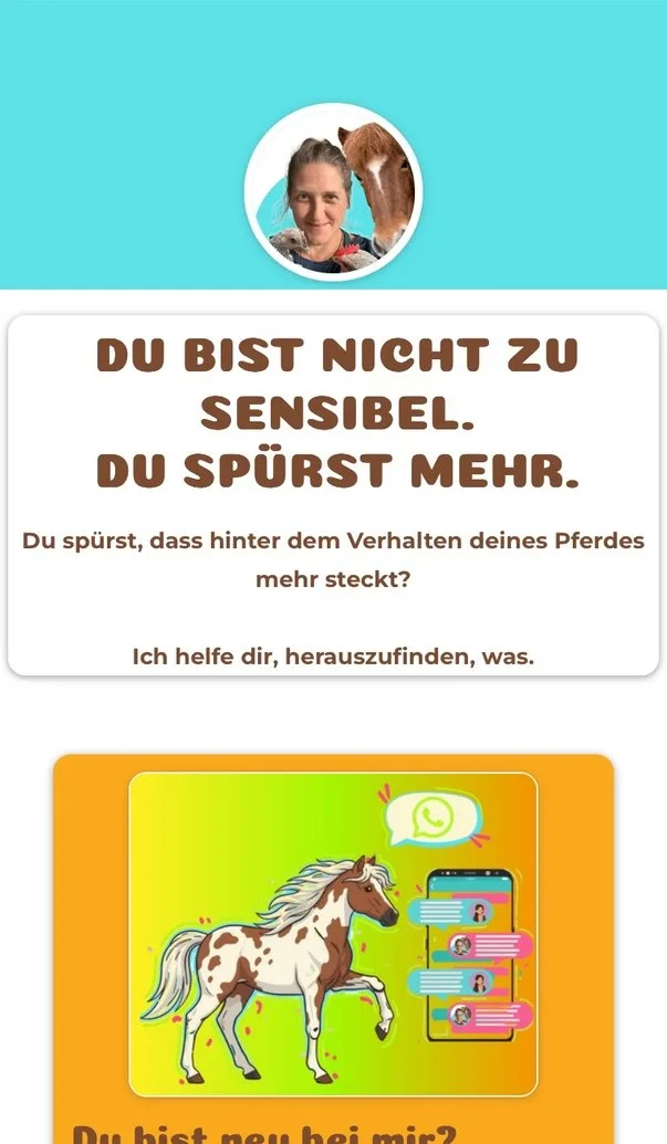 Startseite von pferdeoele.com mit Profilfoto und Kernbotschaft